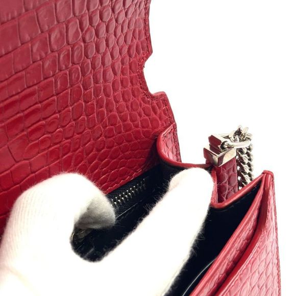 YVES Saint Laurent Croc Shape Pressed Calf Red Shoulder Bag Silver - Picture 13 of 15